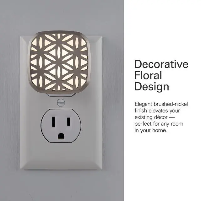 Alt view image 3 of 6 - Decorative LED Night Light, Brushed Nickel Flower Design | Plug-in, Dusk to Dawn Sensor, UL-Certified, Home Decor, Ideal for Bedroom, Bathroom, Kitchen, Hallway, 54744, 2 Pack