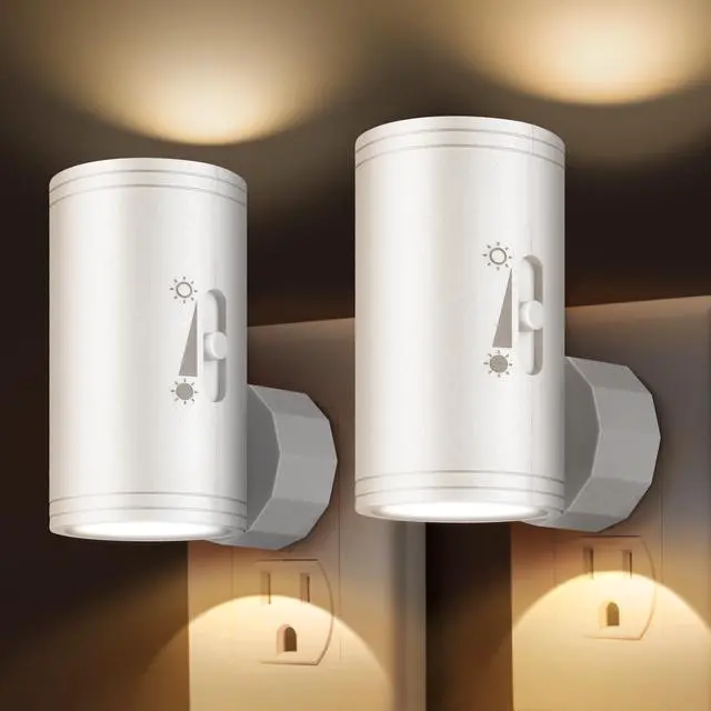 Main image of LED Plug-in Wall Night Light with Dimmable 0-300 Lumens, 3000K Soft White, Auto On/Off Light Sensor & Adjustable Head for Hallway, Stairs, Bedroom,2 Pack