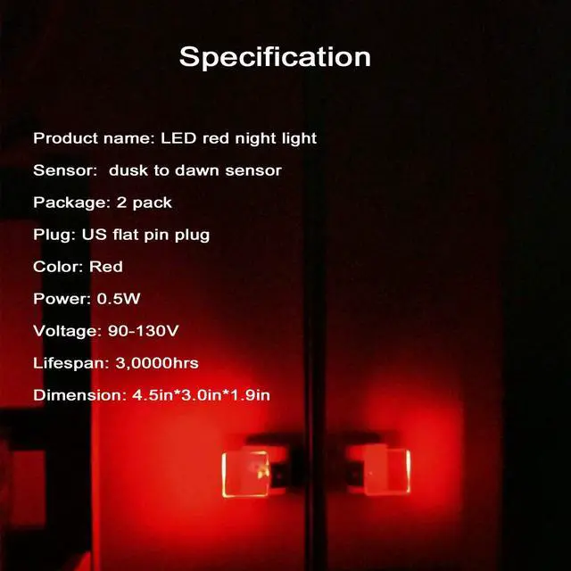 Alt view image 3 of 7 - Red Night Lights Plug in 2 Pack, 0.5W with Dusk to Dawn Sensor, Auto On/Off | Red Light Night Light, LED Night Light Plug into Wall Pefect for Babyroom, Bedroom, Bathroom