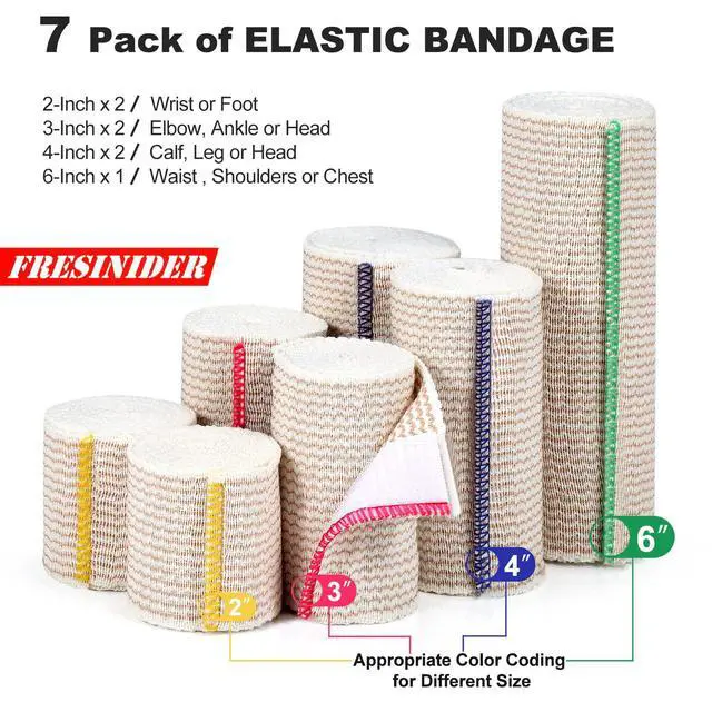 Alt view image 2 of 7 - Premium Elastic Bandage Wrap 7 Pack Mix 2,3,4,6 Inch Hook & Loop | Assorted-Width Cotton Compression Set Covers Wrist, Ankle, Knee and Thigh; Secure Ends for Sports, First Aid and Recovery.