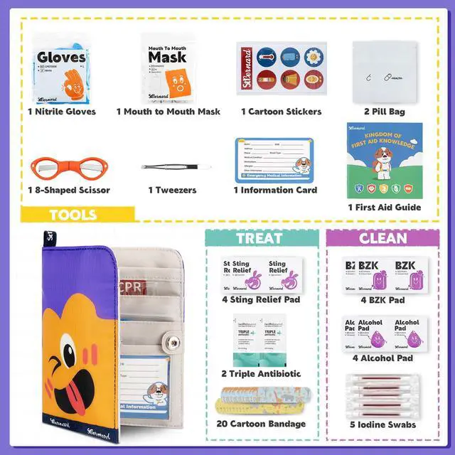 Alt view image 2 of 7 - First Aid Kit for Kids, Small Pocket Size Medical Kit with Cute Bnadages, Tools for Daily Emergencies, Organized Pouch for Toddler & Children, Home, Camping, Travel, Playground(Purple)