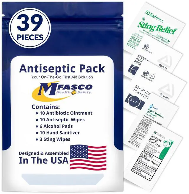 Main image of Antiseptic Wound Care Travel Pack | 39 Piece First Aid Kit Refill | BZK, Antiseptic Wipes, Sting Relief, Wound Ointment | Essential First Aid Supplies | Refill Personal First Aid Kits