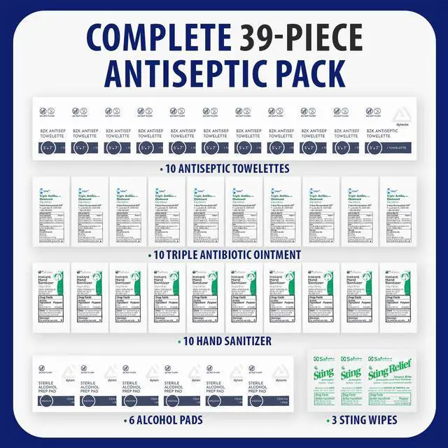 Alt view image 2 of 7 - Antiseptic Wound Care Travel Pack | 39 Piece First Aid Kit Refill | BZK, Antiseptic Wipes, Sting Relief, Wound Ointment | Essential First Aid Supplies | Refill Personal First Aid Kits