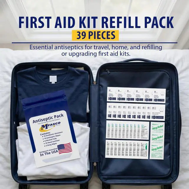 Alt view image 5 of 7 - Antiseptic Wound Care Travel Pack | 39 Piece First Aid Kit Refill | BZK, Antiseptic Wipes, Sting Relief, Wound Ointment | Essential First Aid Supplies | Refill Personal First Aid Kits