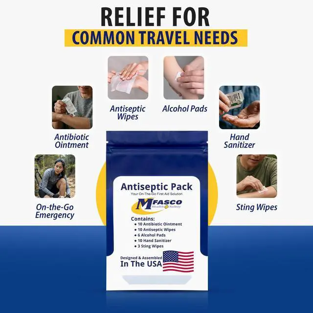 Alt view image 7 of 7 - Antiseptic Wound Care Travel Pack | 39 Piece First Aid Kit Refill | BZK, Antiseptic Wipes, Sting Relief, Wound Ointment | Essential First Aid Supplies | Refill Personal First Aid Kits
