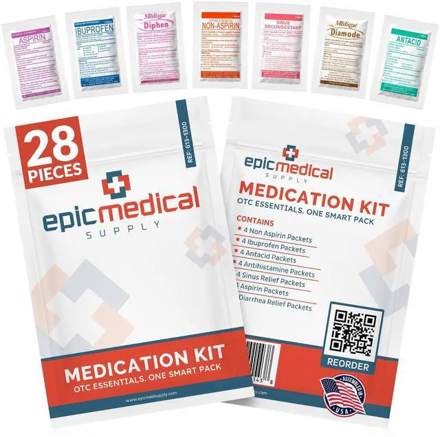 Main image of First Aid Kit Medication Refill 28-Count Unit Dose Packets Emergency Medicine Kit Pills for 1st Aid Kit Refills, Travel, Office, Dorm, Camping Assembled in USA