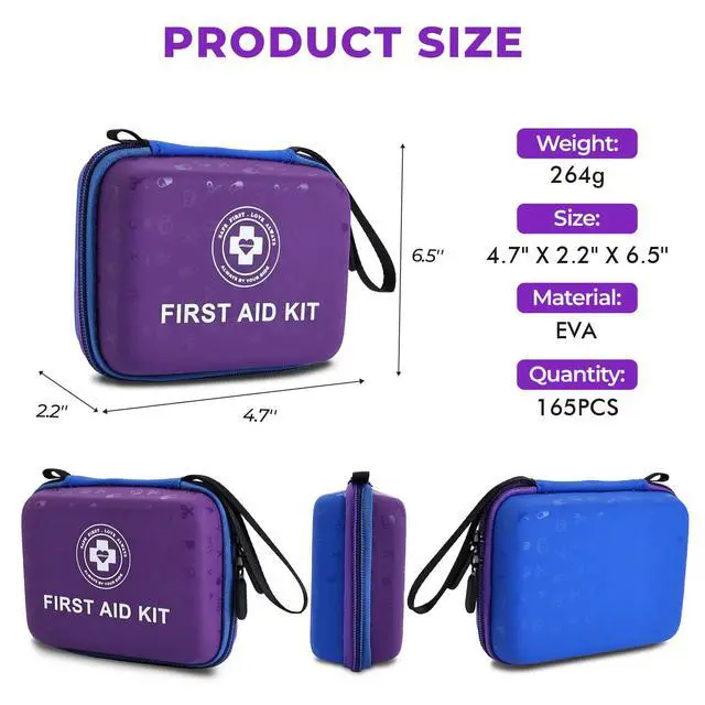 Alt view image 2 of 3 - Small First Aid Kit - 165 Piece Dual-Color Emergency Medical Kit with Hard Shell & Fluorescent Exterior Coating, Emergency First Aid Kit for Home, Car, Travel, Hiking & Outdoor(Blue/Purple)