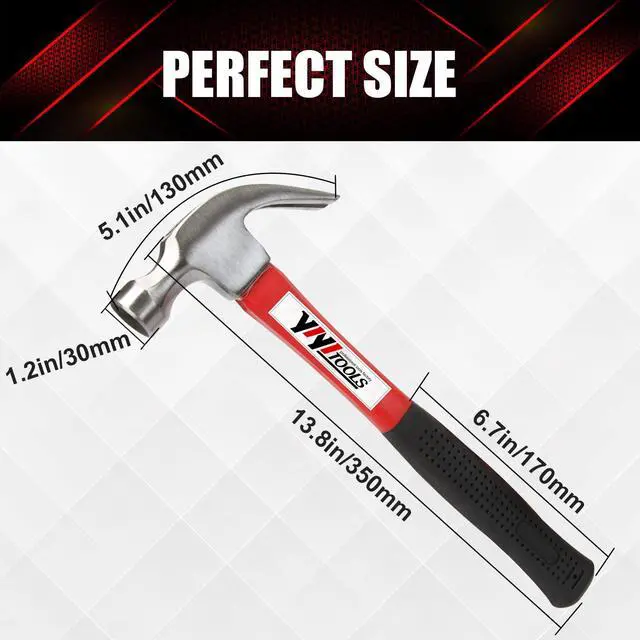 Alt view image 2 of 7 - Claw Hammer With fiberglass Handle 16-oz, Red and Black (YY-1-003)