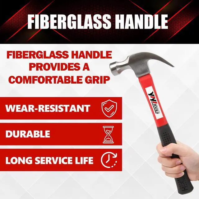 Alt view image 3 of 7 - Claw Hammer With fiberglass Handle 16-oz, Red and Black (YY-1-003)