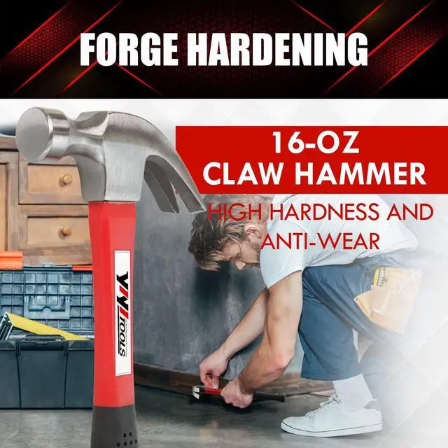 Alt view image 4 of 7 - Claw Hammer With fiberglass Handle 16-oz, Red and Black (YY-1-003)