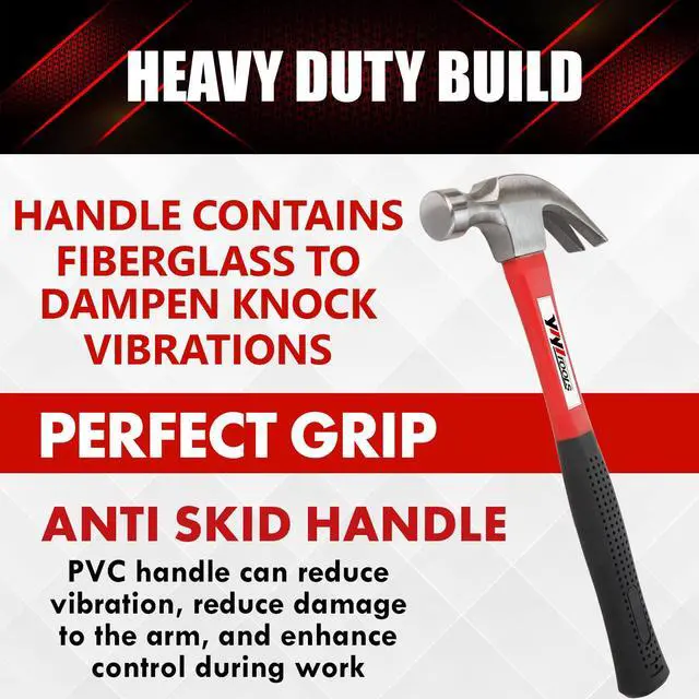 Alt view image 5 of 7 - Claw Hammer With fiberglass Handle 16-oz, Red and Black (YY-1-003)