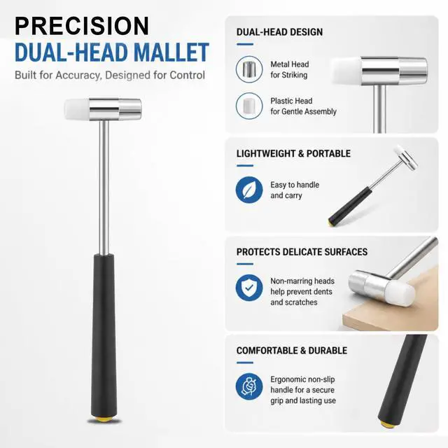 Alt view image 2 of 7 - Small Hammer for Crafts, Dual Head Jewelry Hammer Plastic Metal Mini Mallet | Small Mini Hammer Rubber Mallet Lightweight Tool for Watch Repair, Leather, Woodworking, DIY