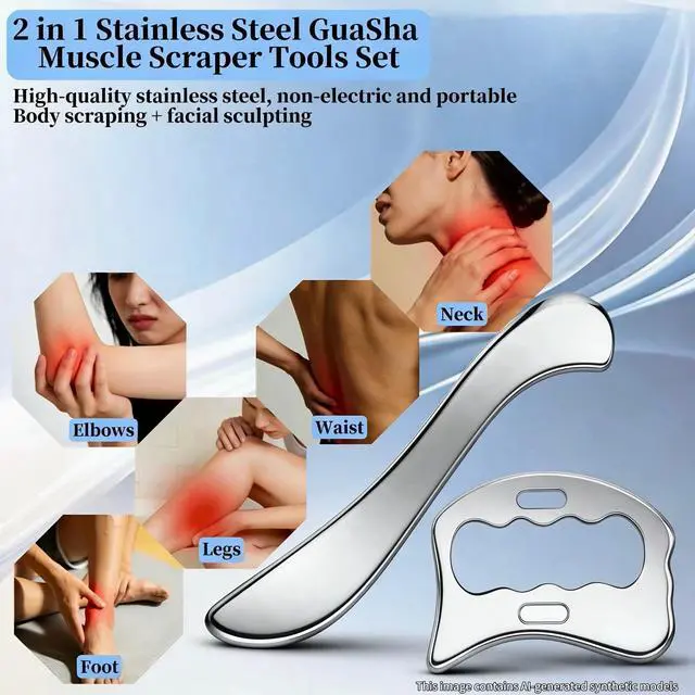 Alt view image 4 of 7 - Muscle Scraper Tools GuaSha Massage Scraper Scraping Tool Physical Therapy | 2 in 1 Stainless Steel Muscle Scraping Tool Set, Scar Tissue Muscle Scraping Massage Scraper Tools Soft Tissue Massage