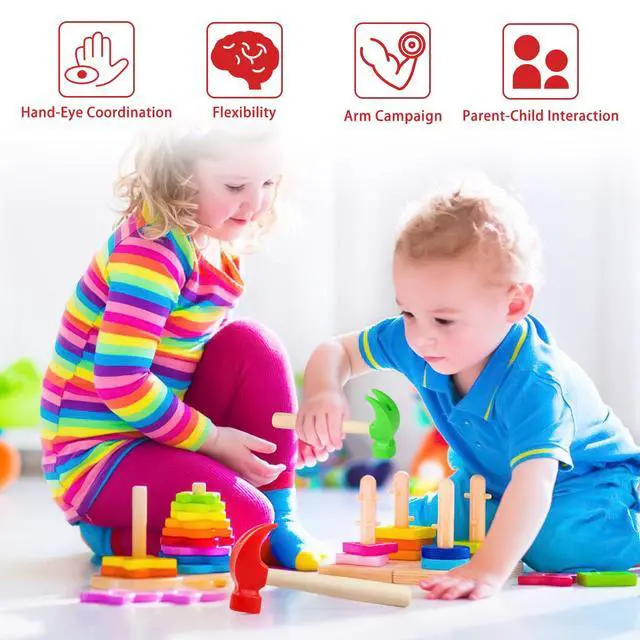 Alt view image 4 of 7 - 2 Pack Wooden Hammer Toys Simulation Hammers Maintenance Tools Educational Toys for Kids Birthday Party Games Supplies(Red & Green)