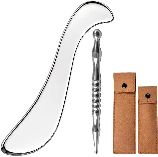 Main image of Stainless Steel Muscle Scraper Tool and Acupressure Pen 2-Pieces | Point-Relief + Deep Tissue, Full-Body Targeting, Smooth Surface, Easy to Clean, Pouch Included & Travel-Friendly