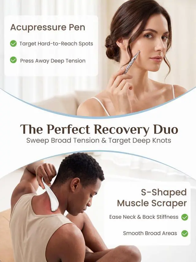 Alt view image 2 of 7 - Stainless Steel Muscle Scraper Tool and Acupressure Pen 2-Pieces | Point-Relief + Deep Tissue, Full-Body Targeting, Smooth Surface, Easy to Clean, Pouch Included & Travel-Friendly