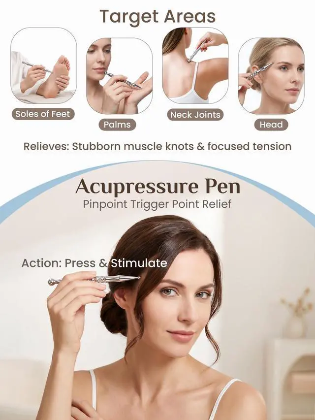 Alt view image 4 of 7 - Stainless Steel Muscle Scraper Tool and Acupressure Pen 2-Pieces | Point-Relief + Deep Tissue, Full-Body Targeting, Smooth Surface, Easy to Clean, Pouch Included & Travel-Friendly