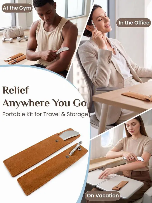 Alt view image 6 of 7 - Stainless Steel Muscle Scraper Tool and Acupressure Pen 2-Pieces | Point-Relief + Deep Tissue, Full-Body Targeting, Smooth Surface, Easy to Clean, Pouch Included & Travel-Friendly