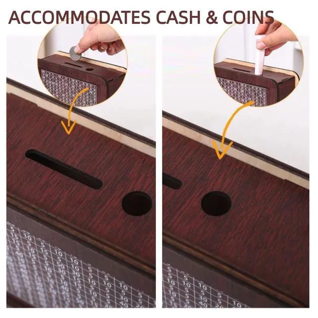 Alt view image 3 of 6 - Money Box with Counter $10,000 Savings Challenge Box Reusable Piggy Bank for Adults & Kids Includes Erasable Marker Durable Cash & Coin Goal Tracker with Walnut Wood Grain Finish