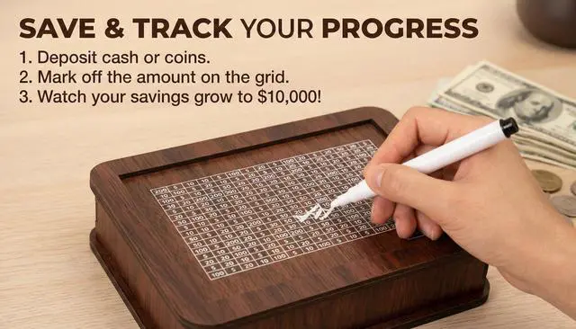 Alt view image 2 of 6 - Money Box with Counter $10,000 Savings Challenge Box Reusable Piggy Bank for Adults & Kids Includes Erasable Marker Durable Cash & Coin Goal Tracker with Walnut Wood Grain Finish