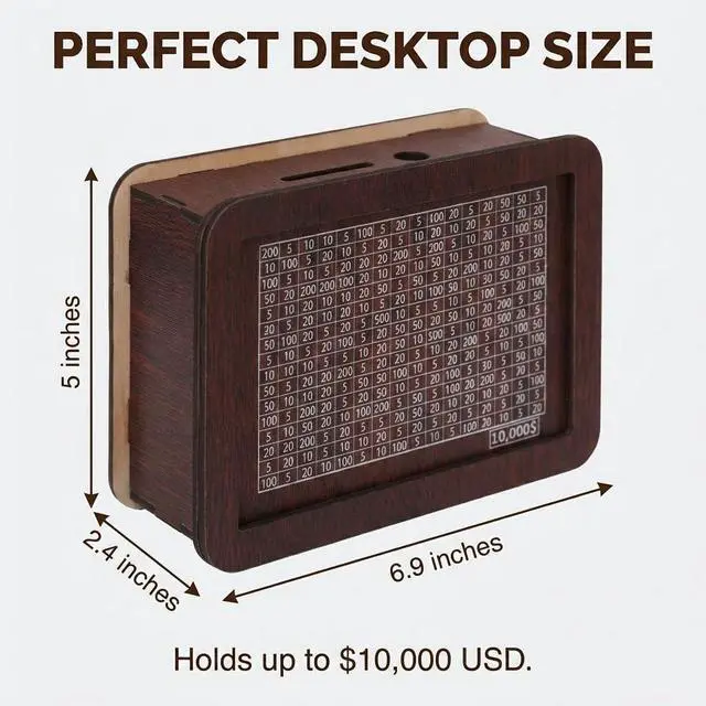 Alt view image 5 of 6 - Money Box with Counter $10,000 Savings Challenge Box Reusable Piggy Bank for Adults & Kids Includes Erasable Marker Durable Cash & Coin Goal Tracker with Walnut Wood Grain Finish