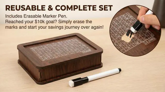 Alt view image 4 of 6 - Money Box with Counter $10,000 Savings Challenge Box Reusable Piggy Bank for Adults & Kids Includes Erasable Marker Durable Cash & Coin Goal Tracker with Walnut Wood Grain Finish