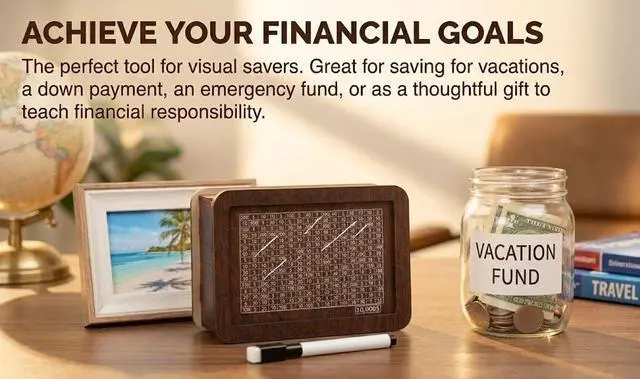 Alt view image 6 of 6 - Money Box with Counter $10,000 Savings Challenge Box Reusable Piggy Bank for Adults & Kids Includes Erasable Marker Durable Cash & Coin Goal Tracker with Walnut Wood Grain Finish