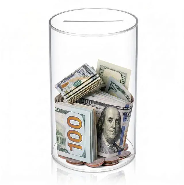 Main image of Clear Piggy Bank for Adults & Kids, Acrylic Money Bank Must Break to Open, Unopenable Money Saving Box Jar for Cash and Coin, Size 5.9" H x 3.5" Diameter (Small)