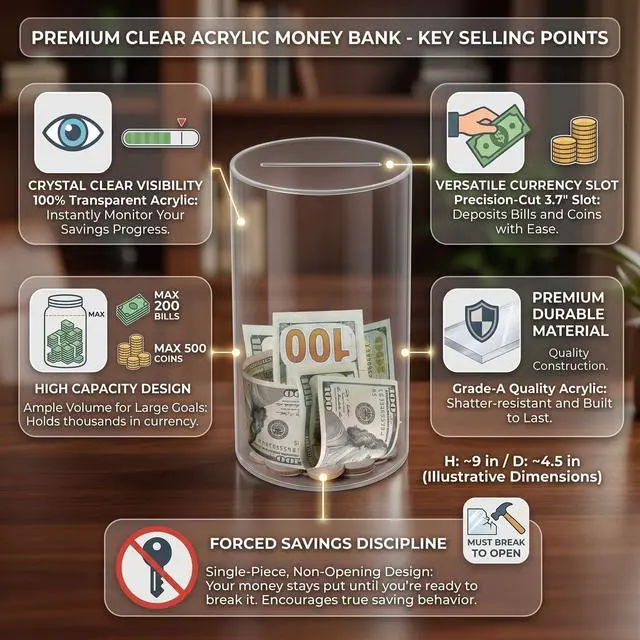 Alt view image 5 of 7 - Clear Piggy Bank for Adults & Kids, Acrylic Money Bank Must Break to Open, Unopenable Money Saving Box Jar for Cash and Coin, Size 5.9" H x 3.5" Diameter (Small)