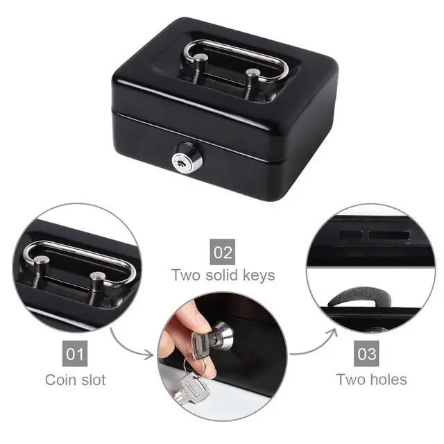 Alt view image 4 of 7 - Mini Cash Box with Lock and Slot, Metal Coin Bank Piggy Bank for Adults & Kids, 4.9" x 3.7" x 2.3", Black