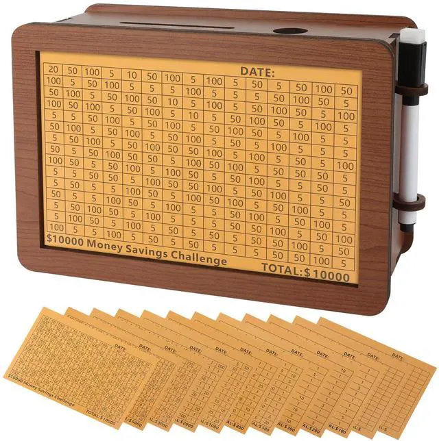Main image of Wooden Money Saving Box, Piggy Bank for Kids & Adults - Reusable $10,000 Savings Challenge Box with Progress Tracker & Cash Vault, Educational Savings Gift for Boys Girls Ages 3-12 (12 Amounts)