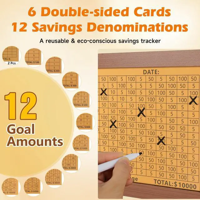 Alt view image 2 of 7 - Wooden Money Saving Box, Piggy Bank for Kids & Adults - Reusable $10,000 Savings Challenge Box with Progress Tracker & Cash Vault, Educational Savings Gift for Boys Girls Ages 3-12 (12 Amounts)