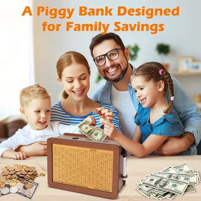 Alt view image 3 of 7 - Wooden Money Saving Box, Piggy Bank for Kids & Adults - Reusable $10,000 Savings Challenge Box with Progress Tracker & Cash Vault, Educational Savings Gift for Boys Girls Ages 3-12 (12 Amounts)