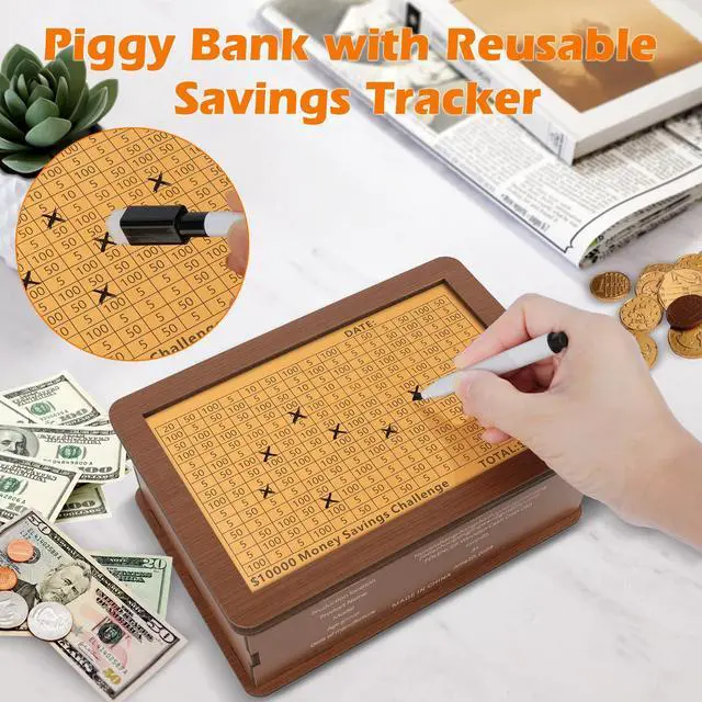 Alt view image 4 of 7 - Wooden Money Saving Box, Piggy Bank for Kids & Adults - Reusable $10,000 Savings Challenge Box with Progress Tracker & Cash Vault, Educational Savings Gift for Boys Girls Ages 3-12 (12 Amounts)
