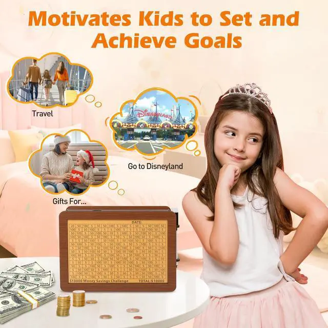 Alt view image 6 of 7 - Wooden Money Saving Box, Piggy Bank for Kids & Adults - Reusable $10,000 Savings Challenge Box with Progress Tracker & Cash Vault, Educational Savings Gift for Boys Girls Ages 3-12 (12 Amounts)