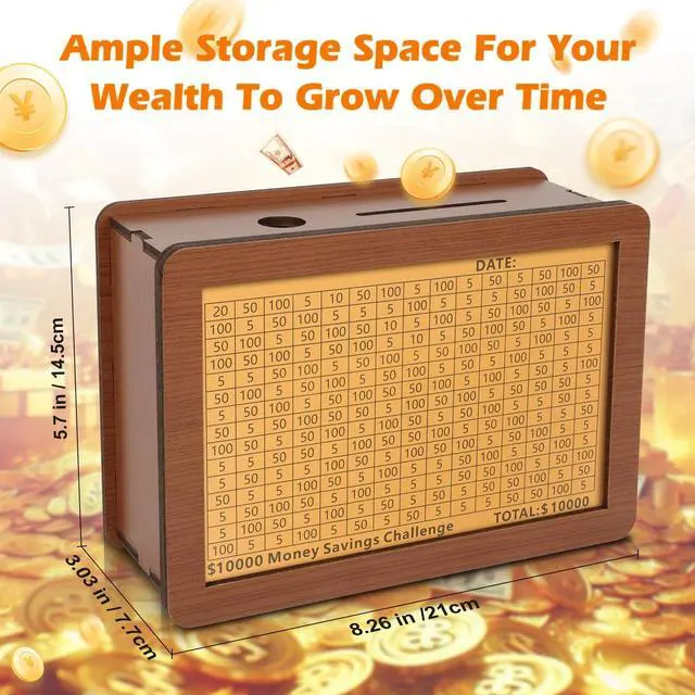 Alt view image 7 of 7 - Wooden Money Saving Box, Piggy Bank for Kids & Adults - Reusable $10,000 Savings Challenge Box with Progress Tracker & Cash Vault, Educational Savings Gift for Boys Girls Ages 3-12 (12 Amounts)