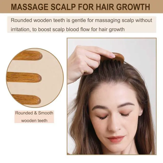 Alt view image 4 of 7 - Wooden Comb, Wide Tooth Comb for Scalp Massage & Distribute Oils | No Statics Green Sandalwood Scalp Comb, Reduce Hair Loss Caused by Static, with 1 Storage Pouch for Travel