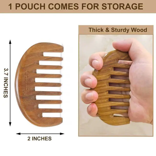 Alt view image 2 of 7 - Wooden Comb, Wide Tooth Comb for Scalp Massage & Distribute Oils | No Statics Green Sandalwood Scalp Comb, Reduce Hair Loss Caused by Static, with 1 Storage Pouch for Travel