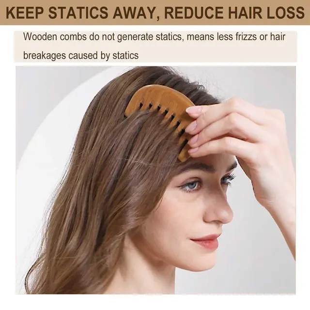 Alt view image 3 of 7 - Wooden Comb, Wide Tooth Comb for Scalp Massage & Distribute Oils | No Statics Green Sandalwood Scalp Comb, Reduce Hair Loss Caused by Static, with 1 Storage Pouch for Travel