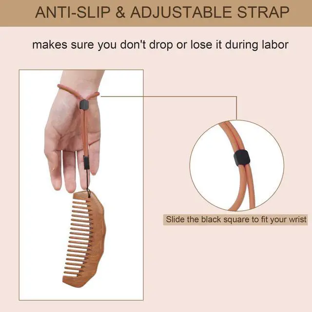 Alt view image 4 of 7 - Wooden Comb for Pain Relief, Labor Comb with Wrist Strap | Anti-slip & Adjustable Strap, No Statics Wooden Comb for Hair Growth, for Scalp Massage & Distribute Oils, Peachwood