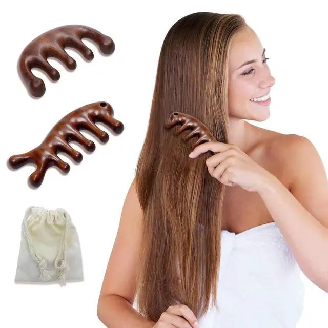 Alt view image 2 of 7 - 2 Pack Wooden Scalp Massage Comb, Sandalwood Scalp Massager Comb Wood, Head Wooden Brush Gua Sha for Women Men - Classic
