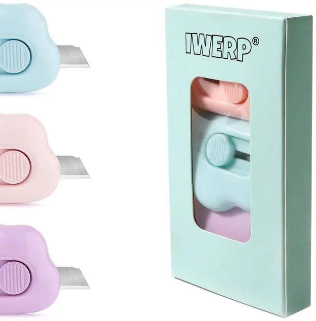 Main image of 3 Pack Mini Box Cutter Keychain - Cute Retractable Letter Opener Tiny Cloud | Mini cute keychain box cutter, retractable lock, tiny cloud, lightweight, fits pocket & bag, packages, 3 pack