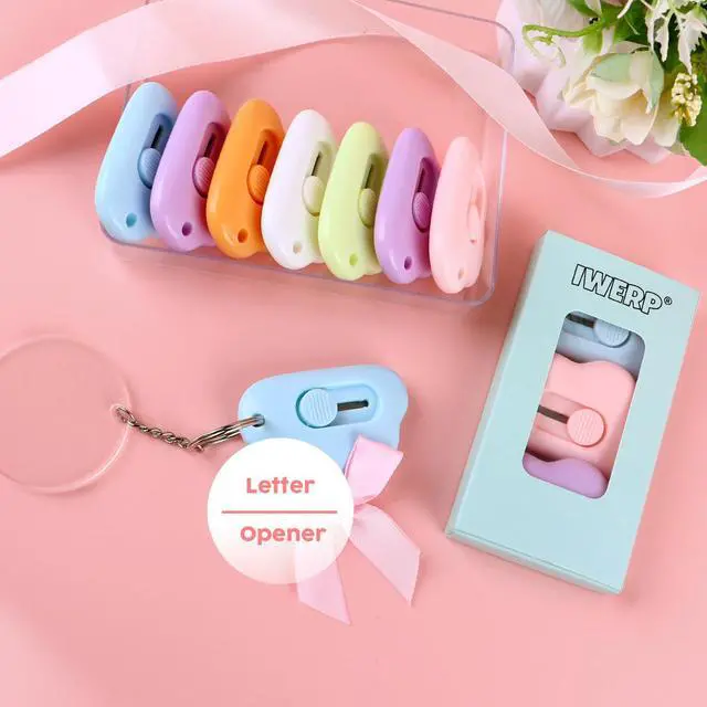 Alt view image 2 of 7 - 3 Pack Mini Box Cutter Keychain - Cute Retractable Letter Opener Tiny Cloud | Mini cute keychain box cutter, retractable lock, tiny cloud, lightweight, fits pocket & bag, packages, 3 pack
