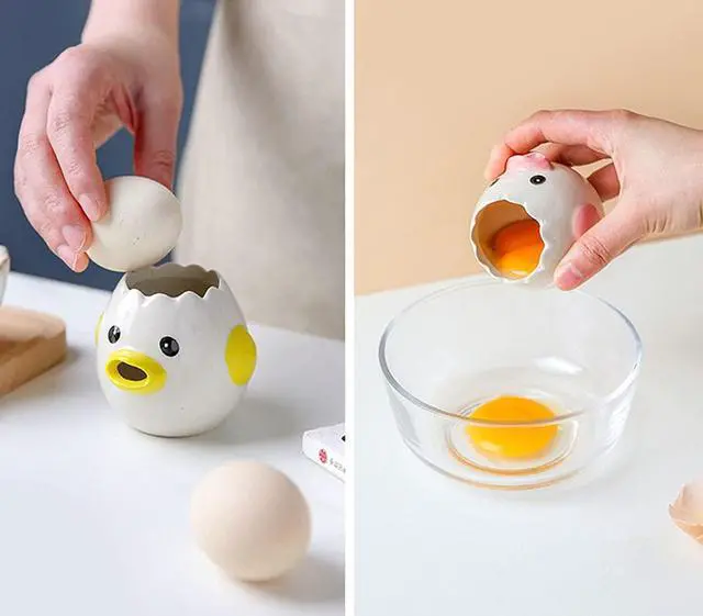 Alt view image 4 of 5 - Cute Egg Separator, Ceramics Vomiting Chicken Egg Yolk White Separator, Practical Household Small Egg Filter Splitter, Kitchen Gadget Baking Assistant Tool, Dishwasher Safe (Yellow)