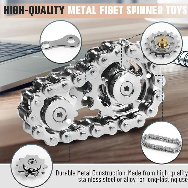 Alt view image 3 of 7 - Fidget Spinner Toy for Adults Metal Figette Bike Chain for Adult Men Pain Stim ADHD Teen Cool Gadgets Quiet Desk Offices Anxiety Relief Items Stress Tool Sensory Spiky Easter Basket Stuffer - Black