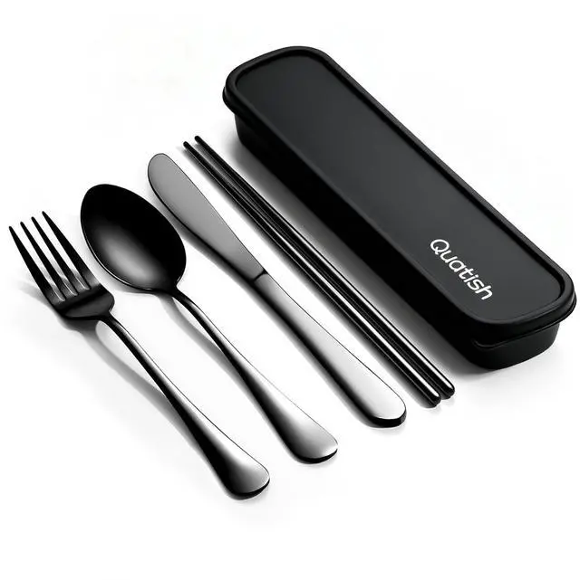 Main image of Travel Utensils with Case, 5 Piece Stainless Steel Silverware Set for Work, Portable Reusable Travel Cutlery Set, Fork and Spoon Set for Picnic, Camping, Gadgets, Lunch Box for Men, Black