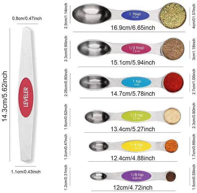 Alt view image 2 of 6 - Multicolor Magnetic Measuring Spoons Set with Leveler | 7Pack, Stainless Steel, Stackable, Fits Spice Jars - For Baking Kitchen Gadgets Apartment Essentials Fits