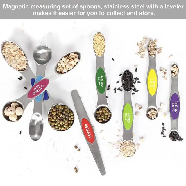 Alt view image 3 of 6 - Multicolor Magnetic Measuring Spoons Set with Leveler | 7Pack, Stainless Steel, Stackable, Fits Spice Jars - For Baking Kitchen Gadgets Apartment Essentials Fits