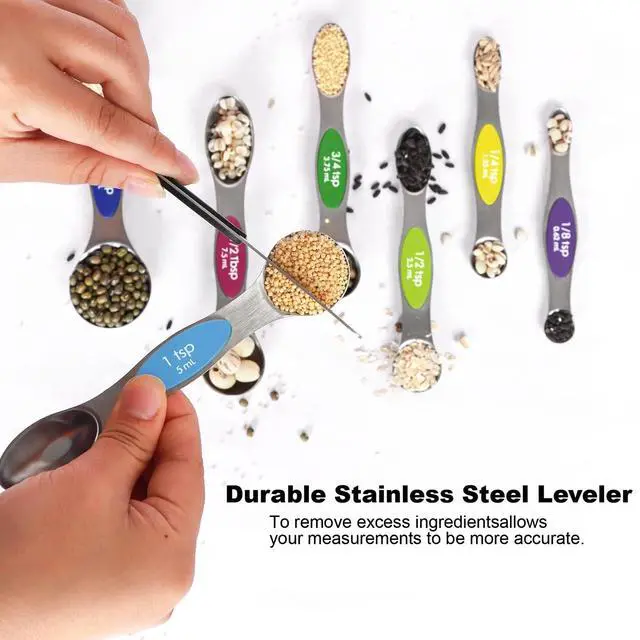 Alt view image 4 of 6 - Multicolor Magnetic Measuring Spoons Set with Leveler | 7Pack, Stainless Steel, Stackable, Fits Spice Jars - For Baking Kitchen Gadgets Apartment Essentials Fits