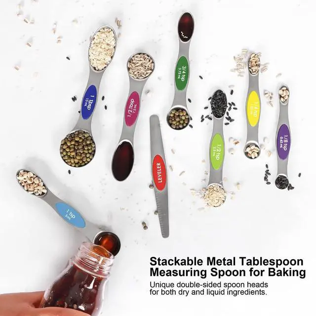 Alt view image 5 of 6 - Multicolor Magnetic Measuring Spoons Set with Leveler | 7Pack, Stainless Steel, Stackable, Fits Spice Jars - For Baking Kitchen Gadgets Apartment Essentials Fits